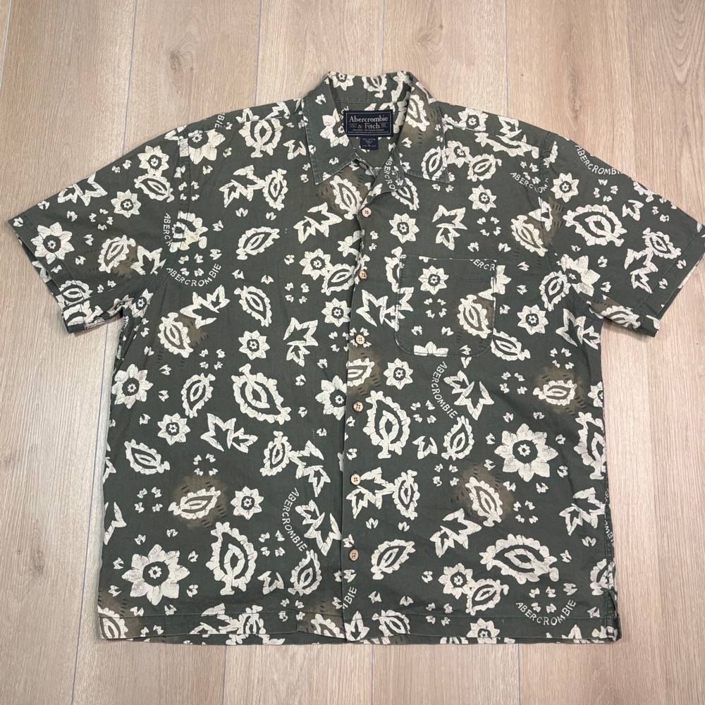 Abercrombie & Fitch Y2K Olive Green Paisley Floral Button Down Shirt Size Large